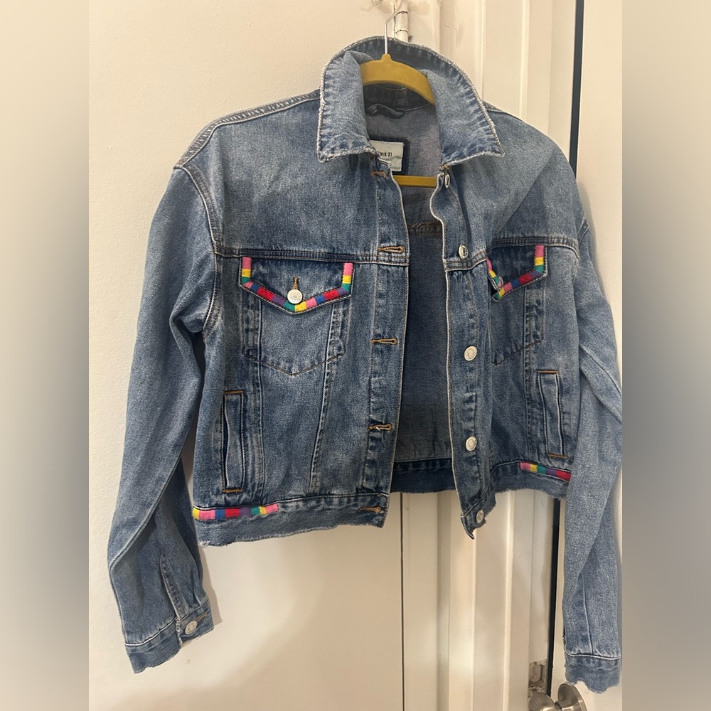 Forever 21 Rainbow Embroidery Trim Denim Jacket